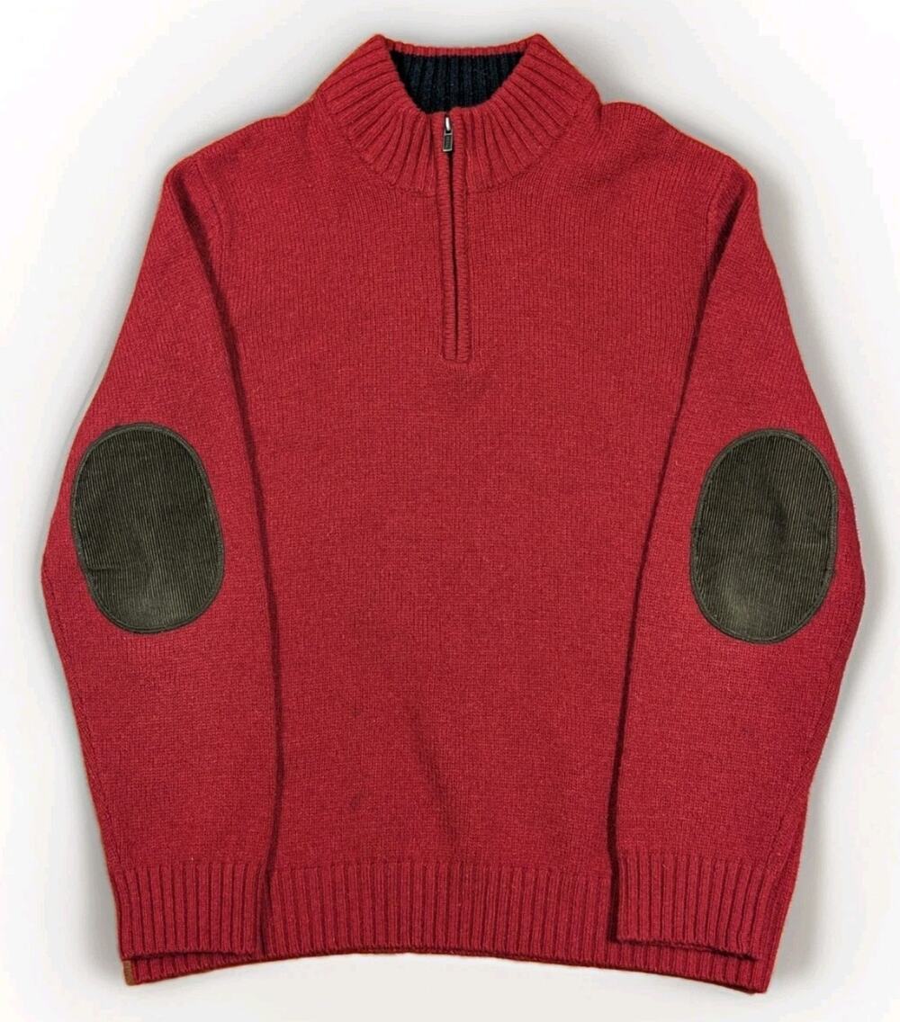 LL Bean Shetland Wool Sweater Mens Large Red Quarter Zip Elbow Patch Mock Neck